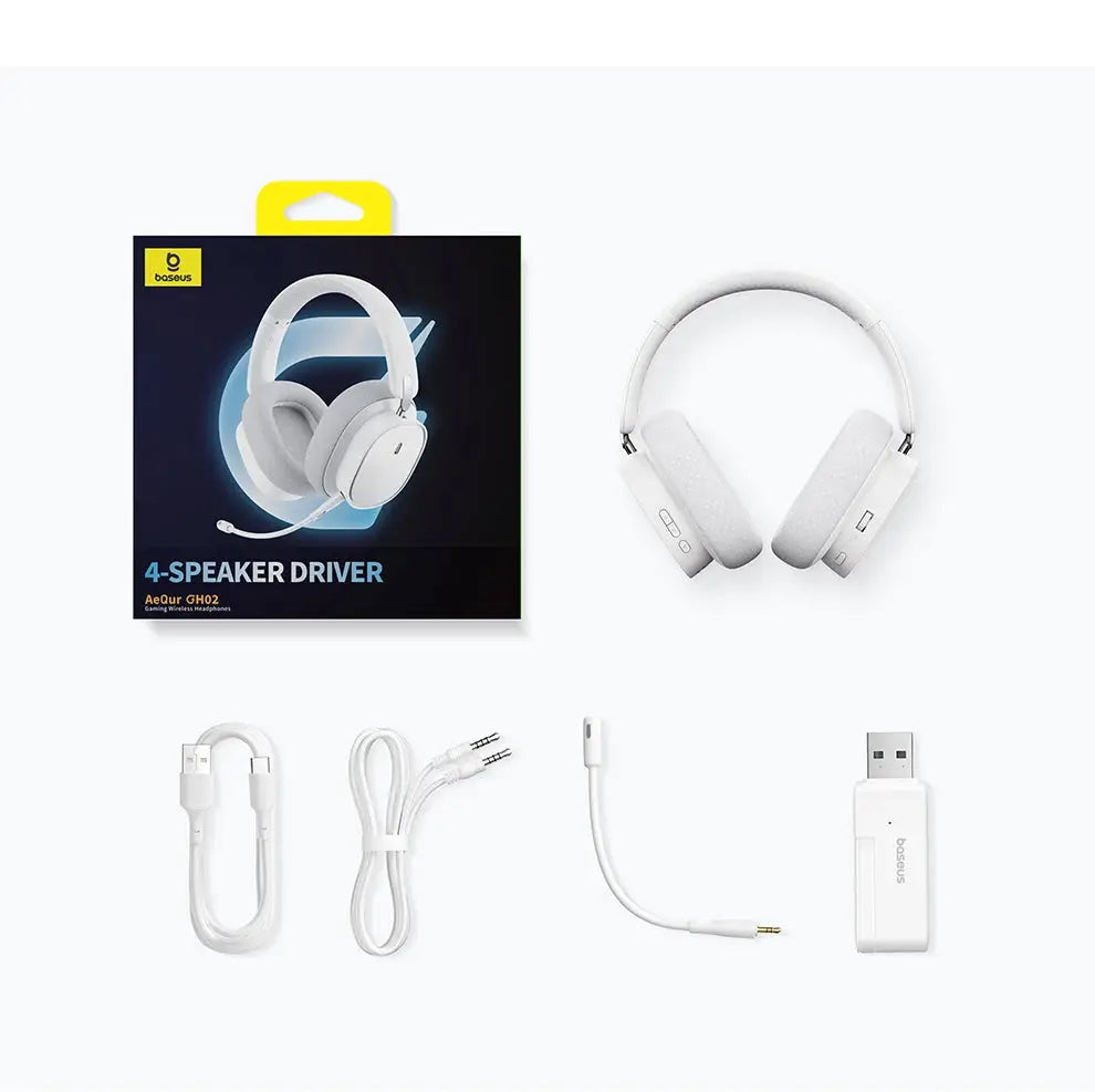 Baseus GH02 white gaming wireless headset with mic, over-ear, includes USB wireless dongle and cables.