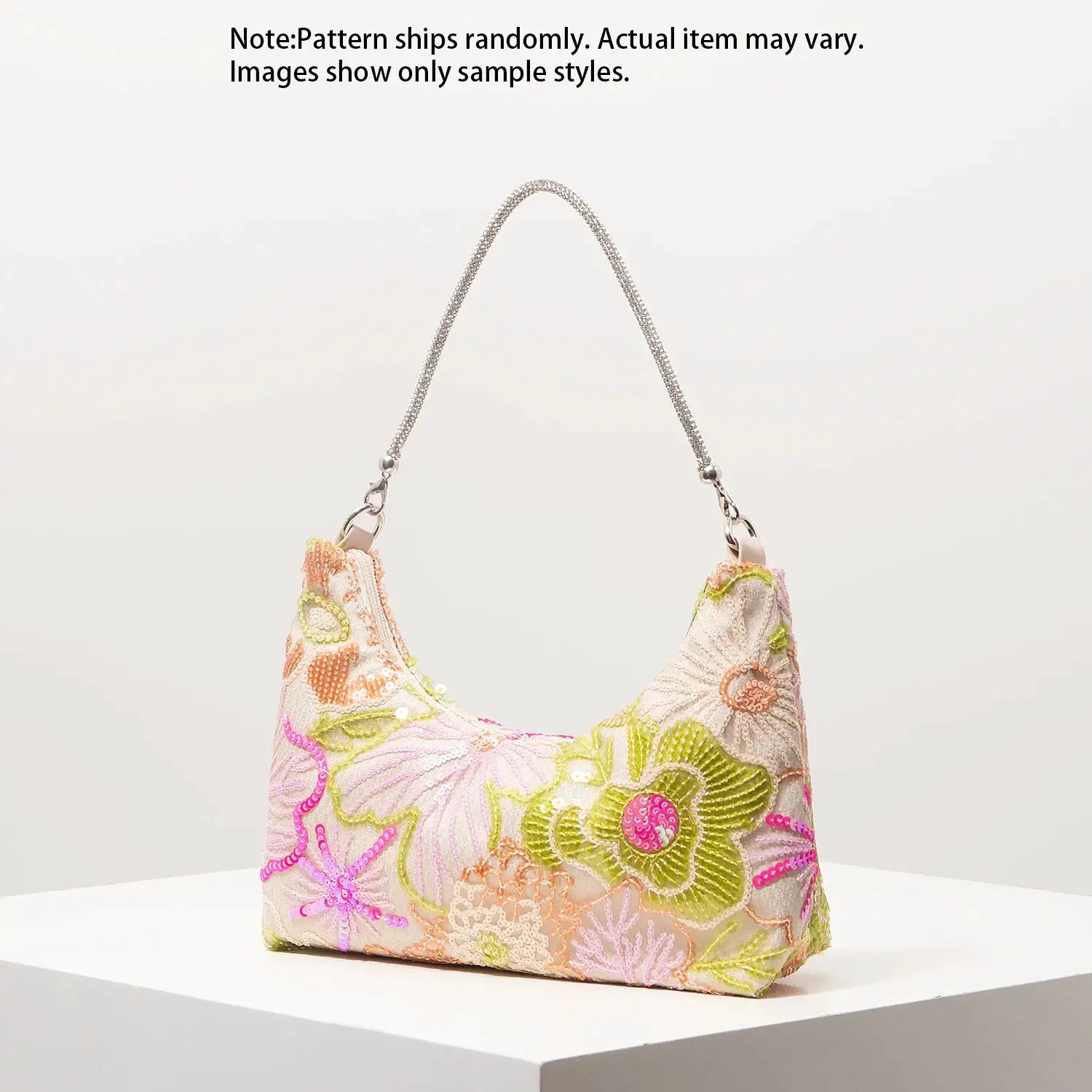 Shoulder bag with pastel floral embroidery and sequins, silver chain strap