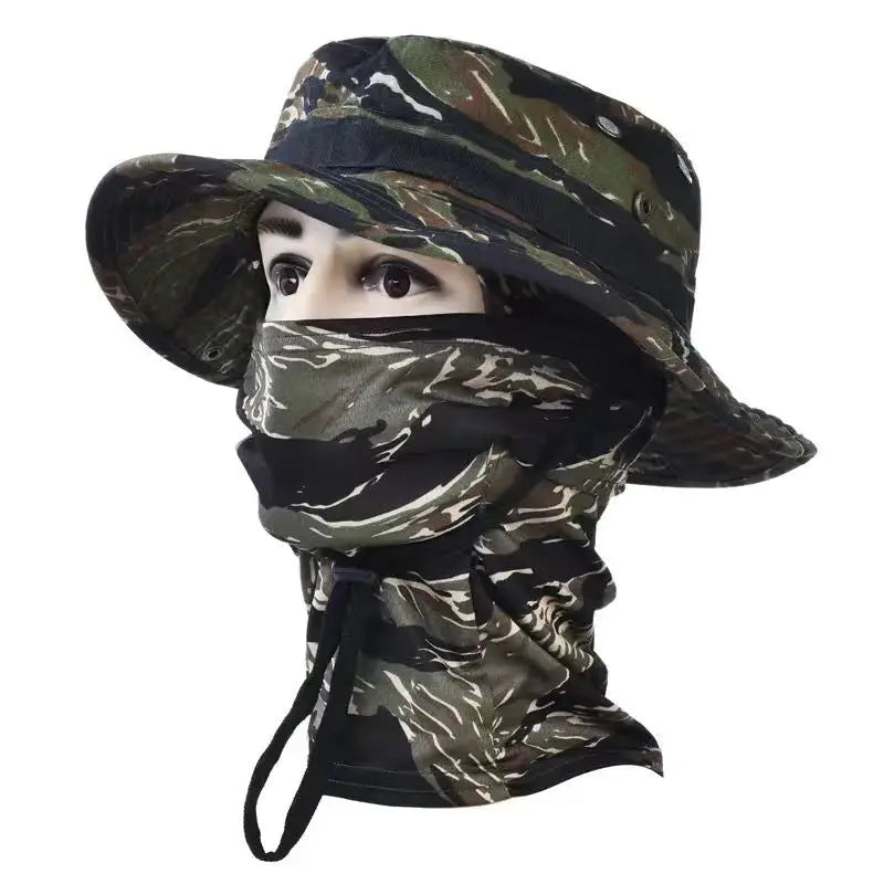 Camouflage boonie hat with adjustable neck gaiter mask for hiking and outdoor UV protection