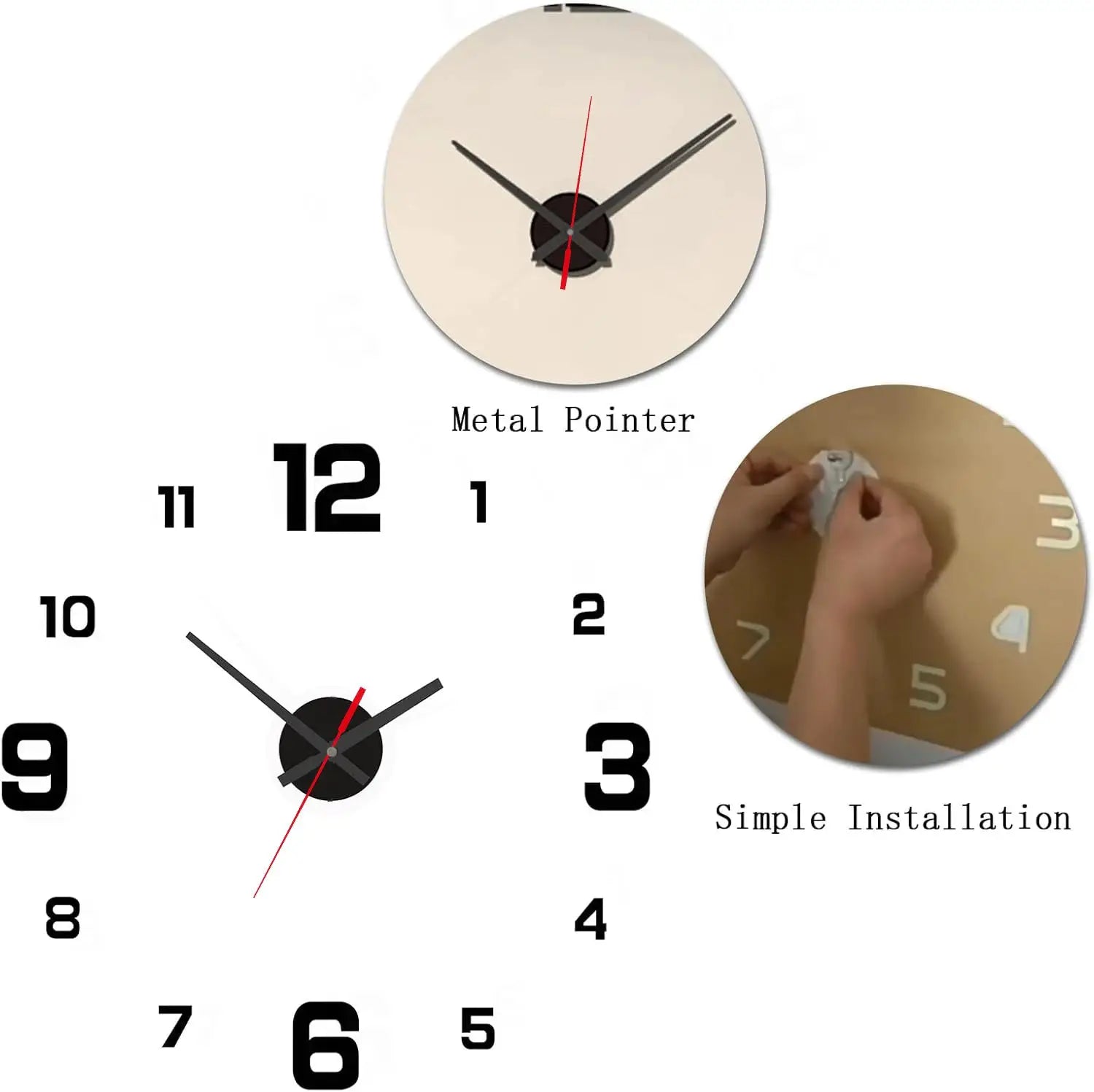 3D frameless DIY wall clock by Simples Market with beige face, bold black numerals, black metal hands, and red second hand