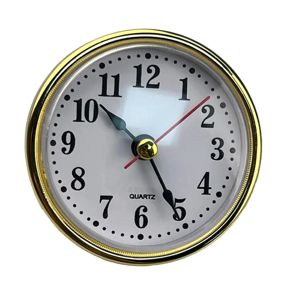65mm round wall clock insert with gold-tone bezel, white dial, black Arabic numerals, quartz movement