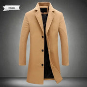 Long wool-blend coat for men in khaki by Simples Market with lapels and button-front closure