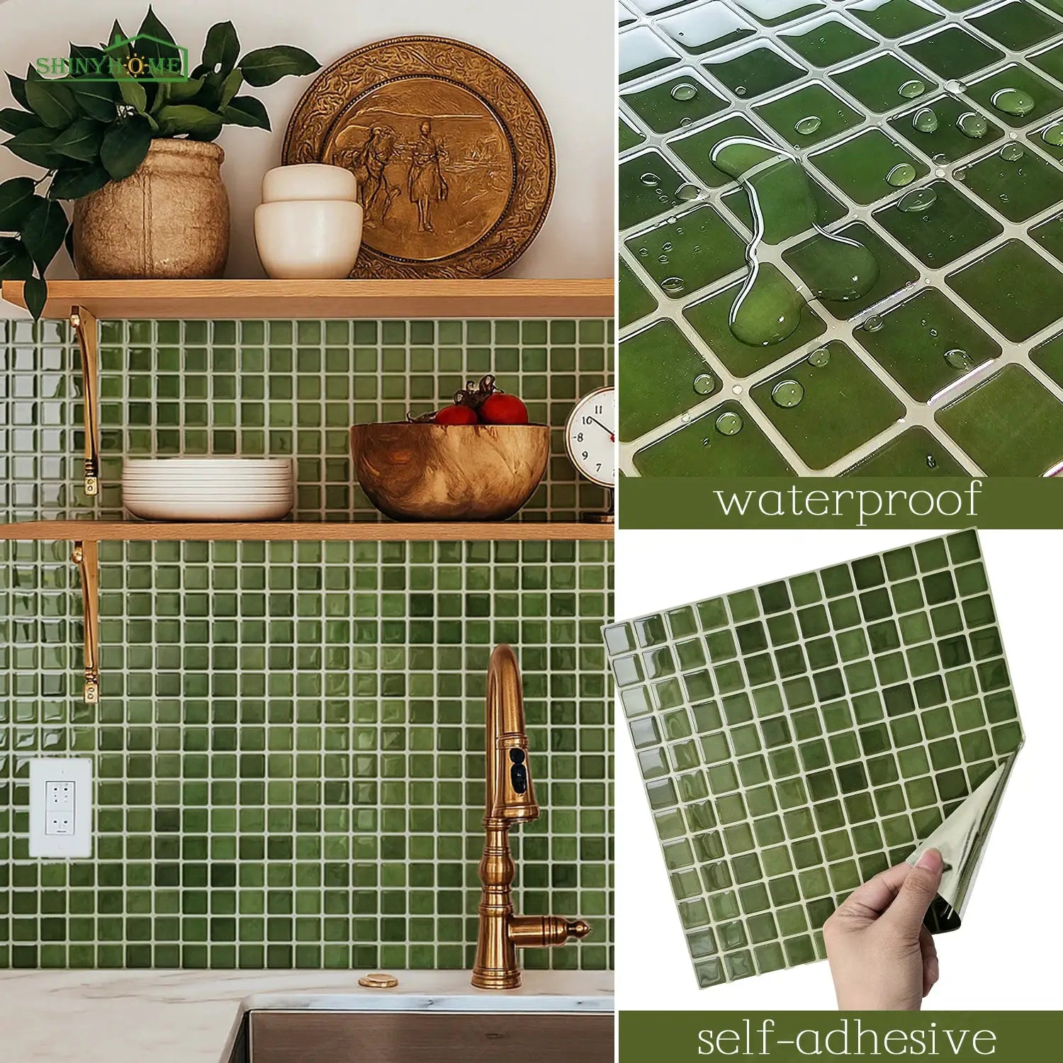 Self-adhesive green mosaic tile backsplash by Simples Market, 10.5 x 10.5 in, 3D mosaic style, kitchen wall tile.