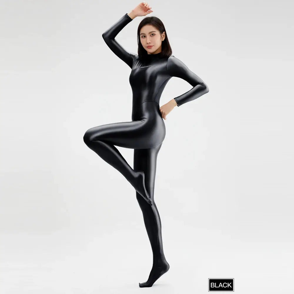 Simples Market women's black wetlook catsuit on model; full-body shiny jumpsuit with long sleeves