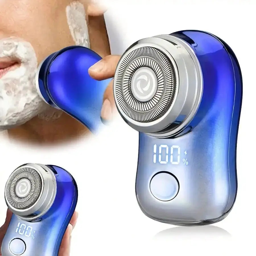 Simples Market cordless electric foil shaver with blue metallic body and digital display.