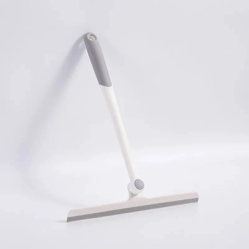 360-degree rotatable shower squeegee with white handle and gray grip, silicone holder included