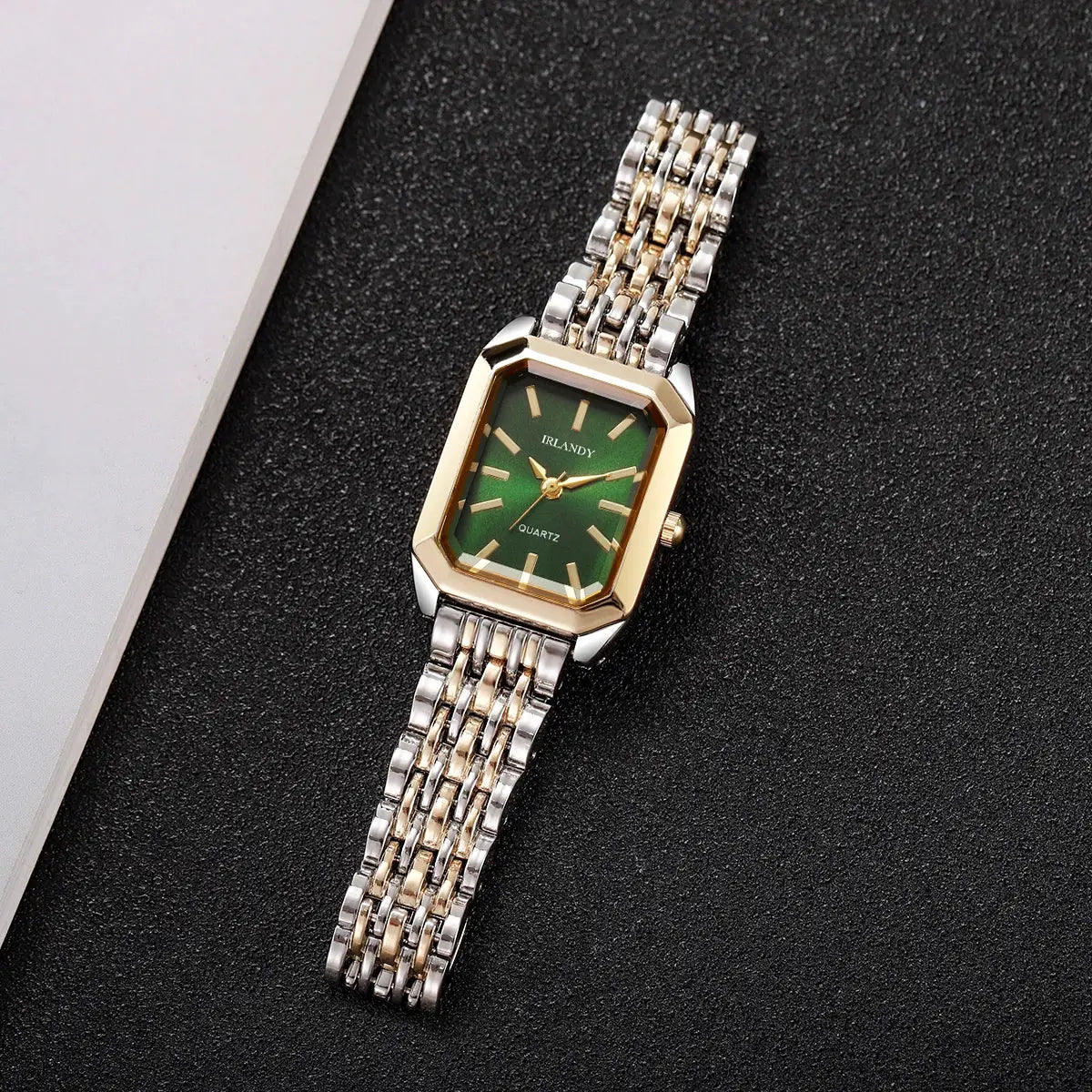 Rectangular women's quartz watch with green dial and two-tone steel strap, IRLANDY.
