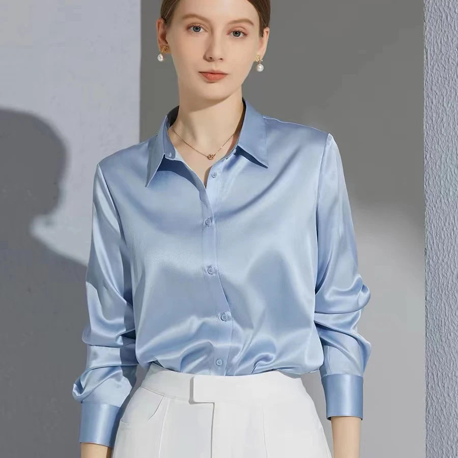 All Match Satin Finish Blouse For Women Turn Down Collar Three Quarter Sleeves Office And Casual Wear
