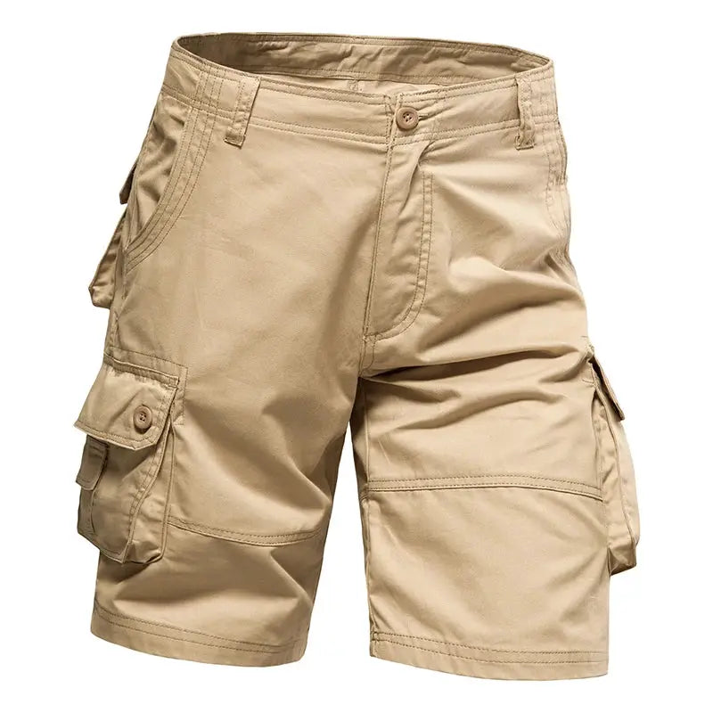Men's cargo shorts by Simples Market, tan cotton with a loose fit and multiple pockets for outdoor use