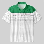Hawaiian shirt with Excel spreadsheet graphic; green collar, white grid print, Simples Market.