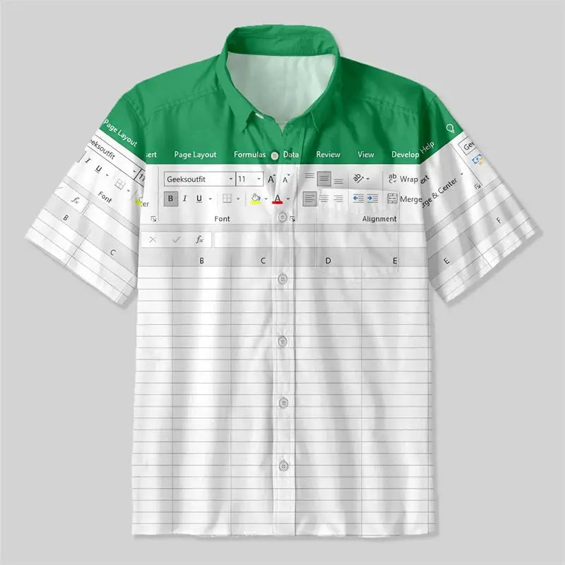 Hawaiian shirt with Excel spreadsheet graphic; green collar, white grid print, Simples Market.