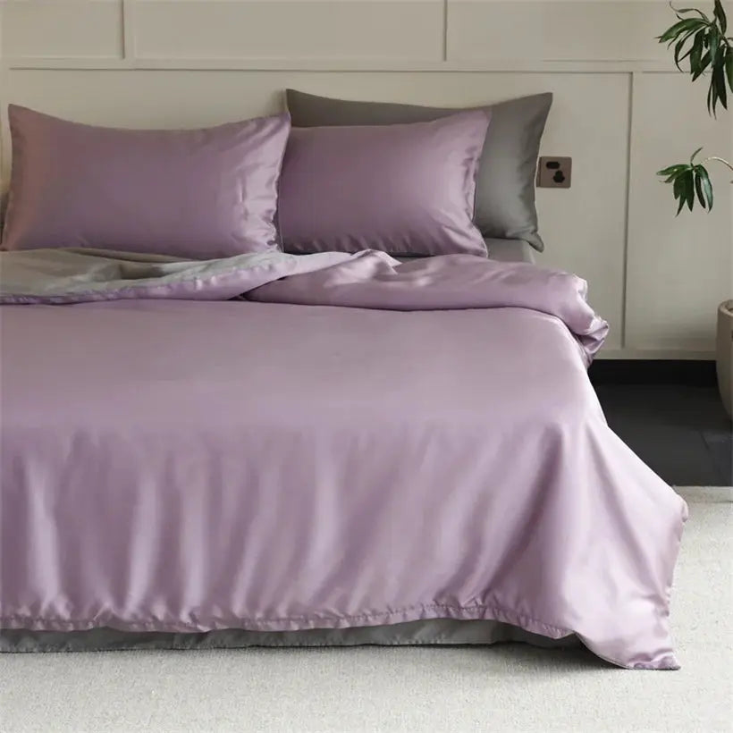 Mulberry silk bedding set by Simples Market in lavender pink; 100% silk duvet cover, sheets and pillowcases