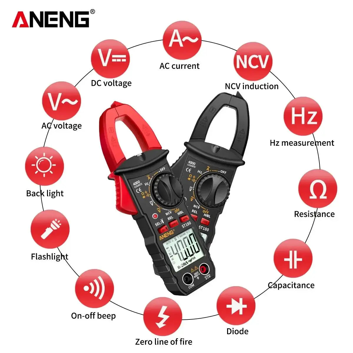ANENG ST180 AC Current Clamp Meter Digital 4000 Counts Multimeter Capacitance NCV Ohm Ammeter Voltage Tester Car Amp
