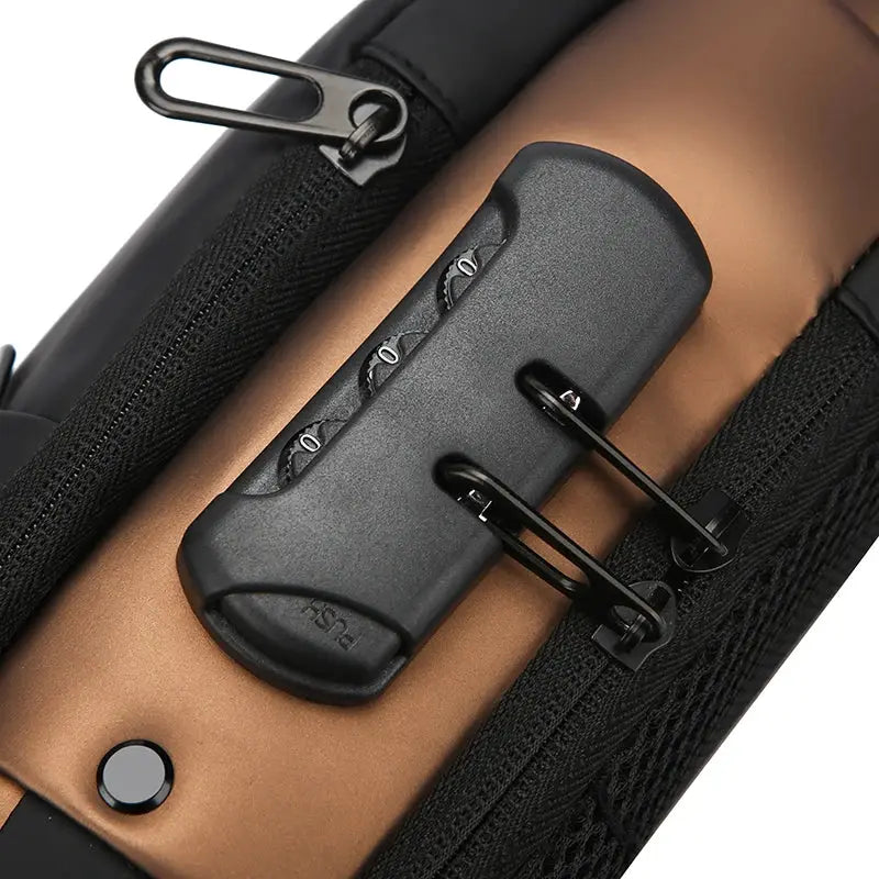 Men's anti-theft chest bag by Simples Market with USB charging panel, black and brown.