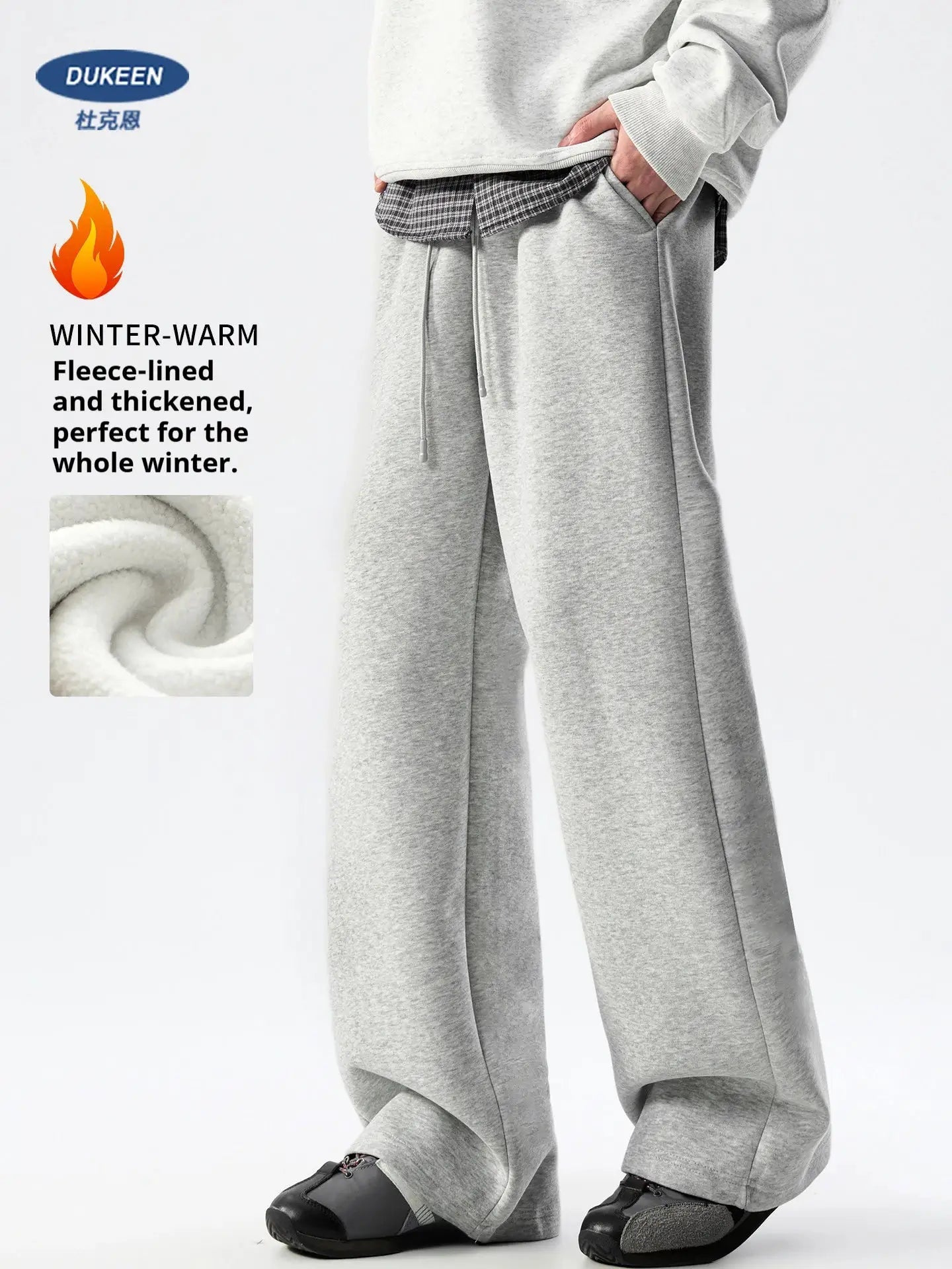 DUKEEN men’s 400g heavyweight fleece-lined straight-leg grey sweatpants with wide fit
