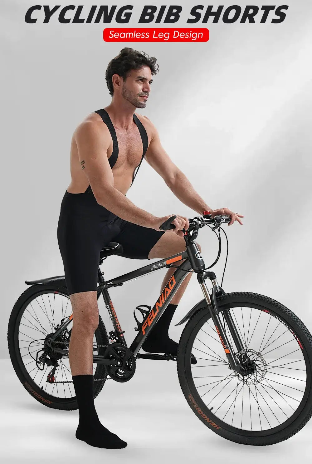 Men's cycling bib shorts, black seamless padded design for MTB riding