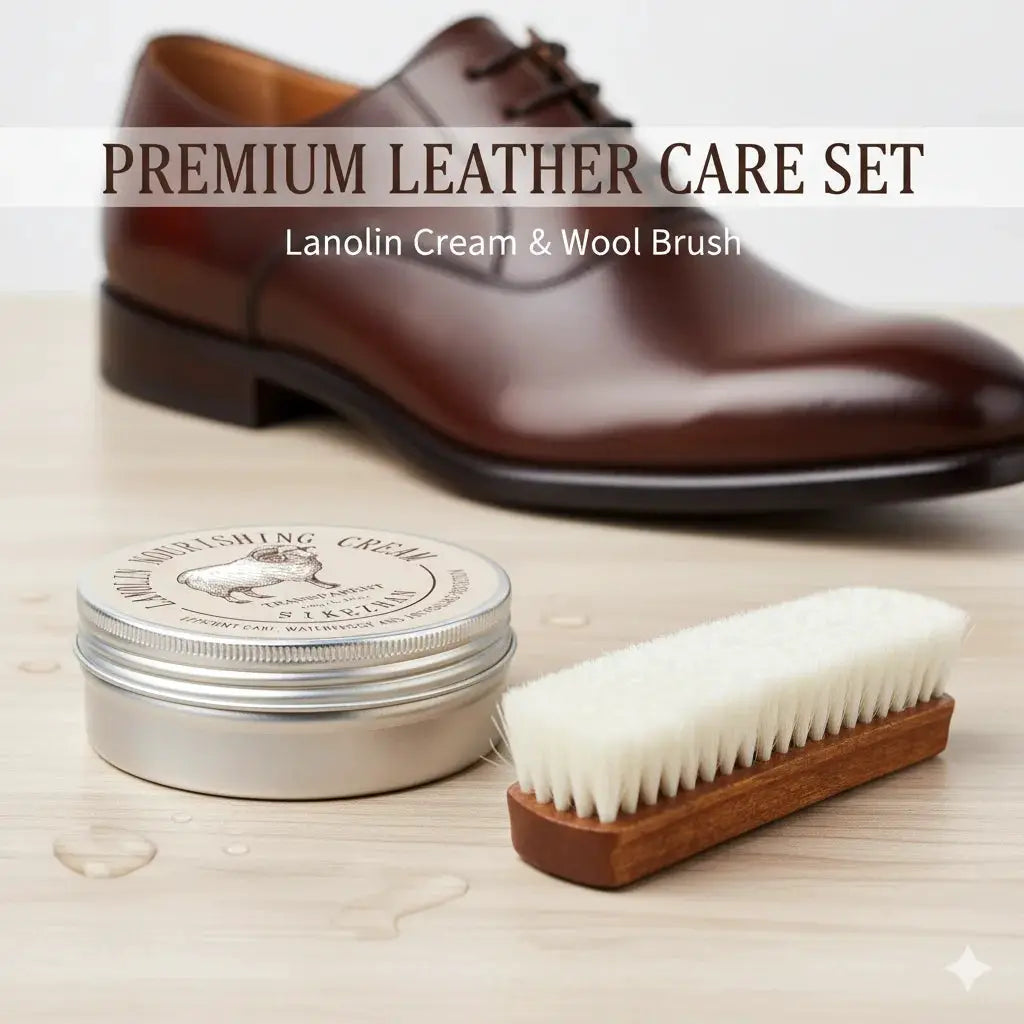 Premium leather care set with lanolin cream and wool brush for shoes, boots, bags and furniture.