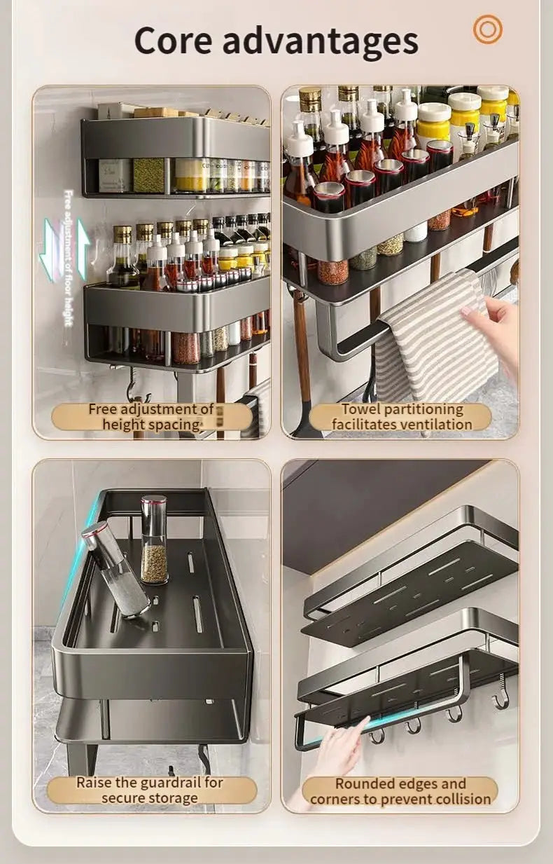 Aluminum wall-mounted kitchen rack by Simples Market with three-tier gray shelves for bathroom and kitchen storage