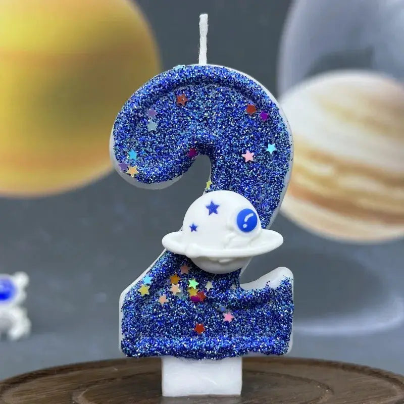 Planet Themed Spaceship Digital Candle 0 To 9 Dark Blue Birthday Cake Decoration For Outer Space Party