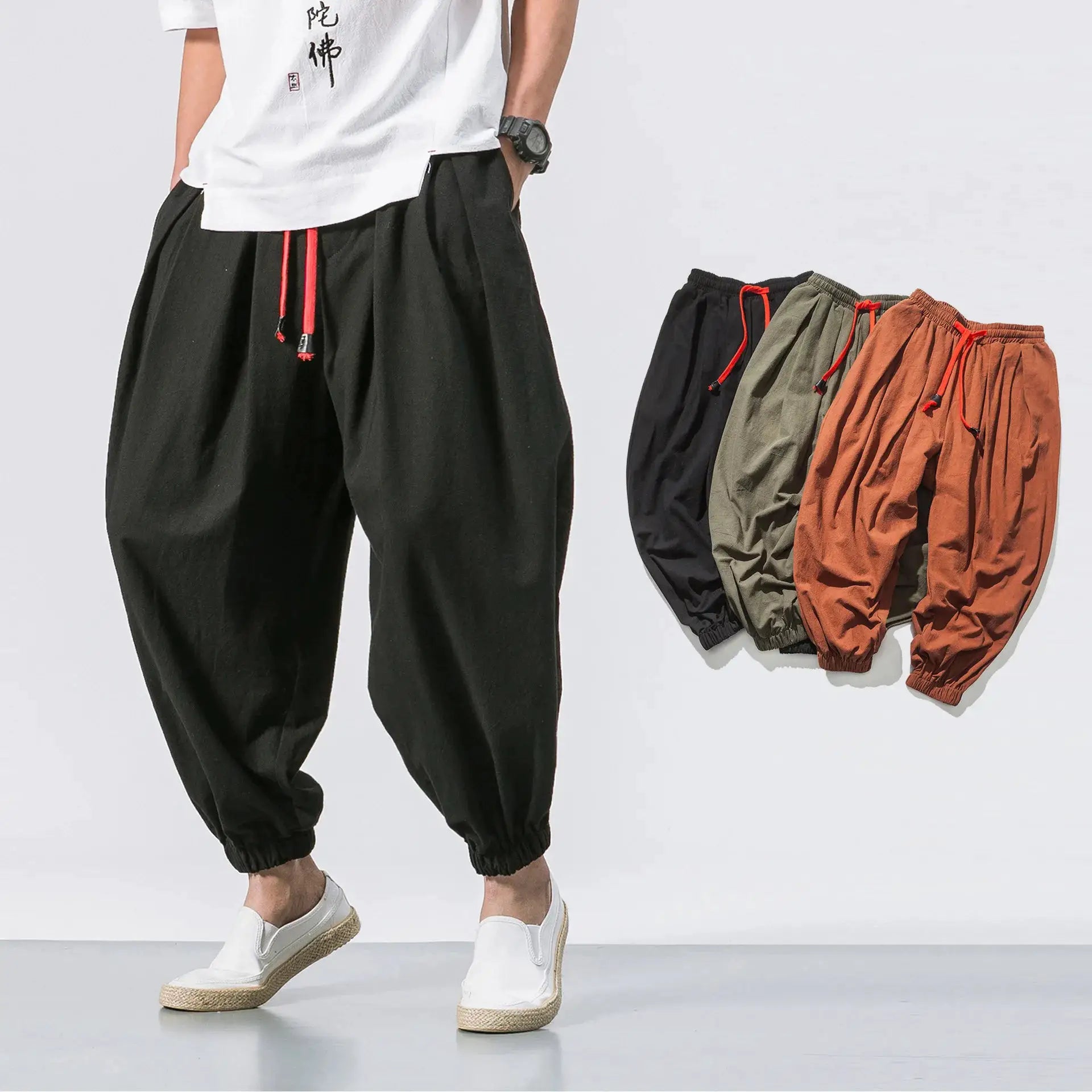 FGKKS Men Loose Harem Pants Linen Cotton Blend Oversize Sweatpants Casual Trousers