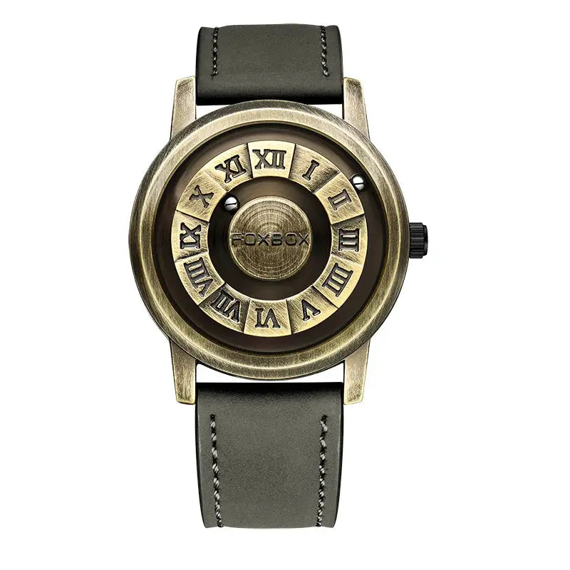 FOXBOX watch by Simples Market with bronze-tone case and dark leather strap.