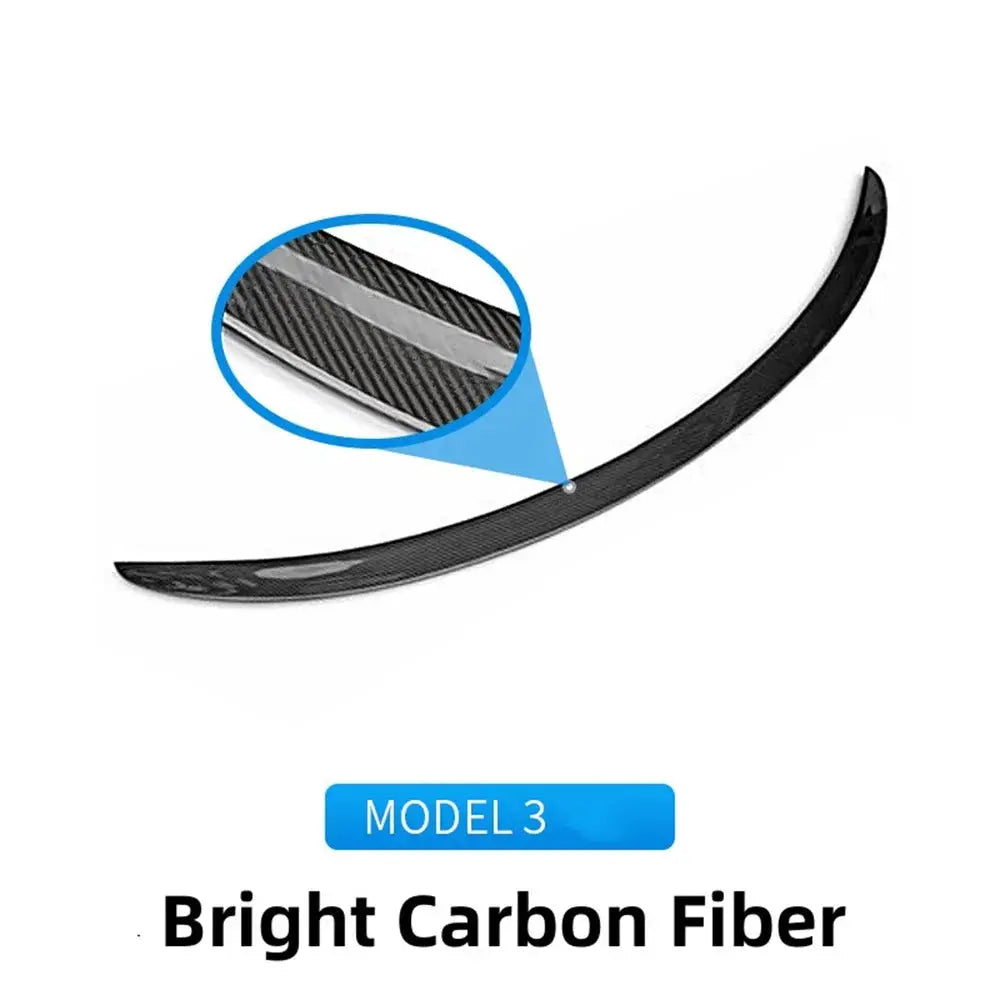 Model 3 rear spoiler in bright carbon fiber, curved aero wing for Tesla 2017–2023