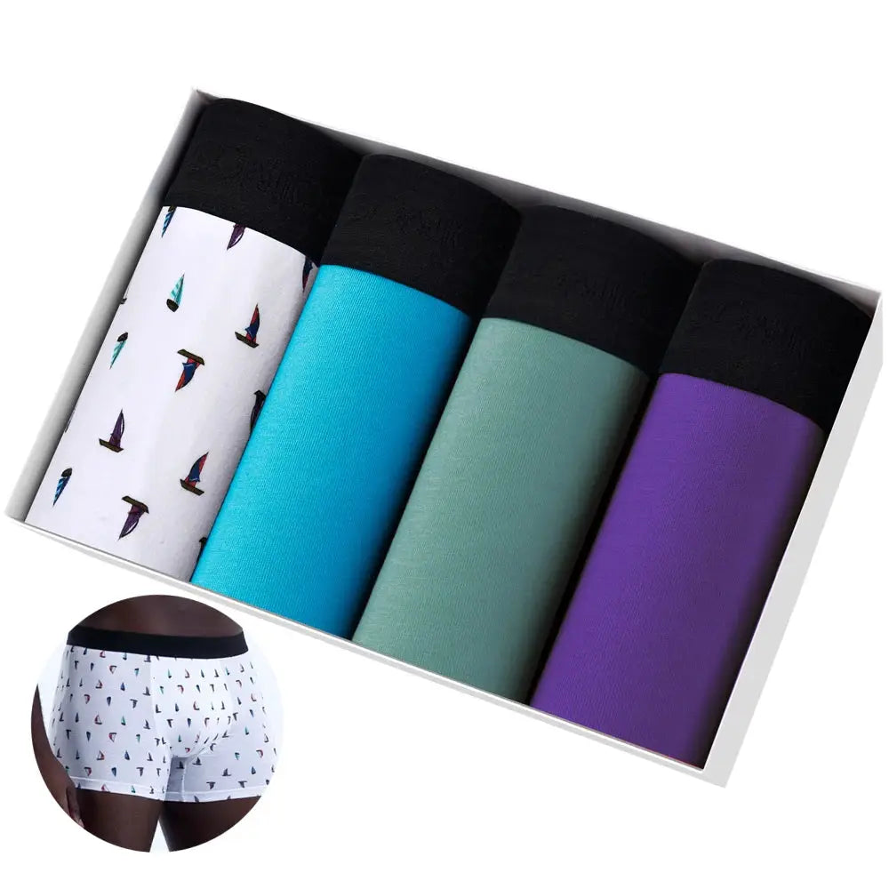 Simples Market 4-pack men's cotton boxer shorts: white sailboat print, blue, teal, purple with black waistbands