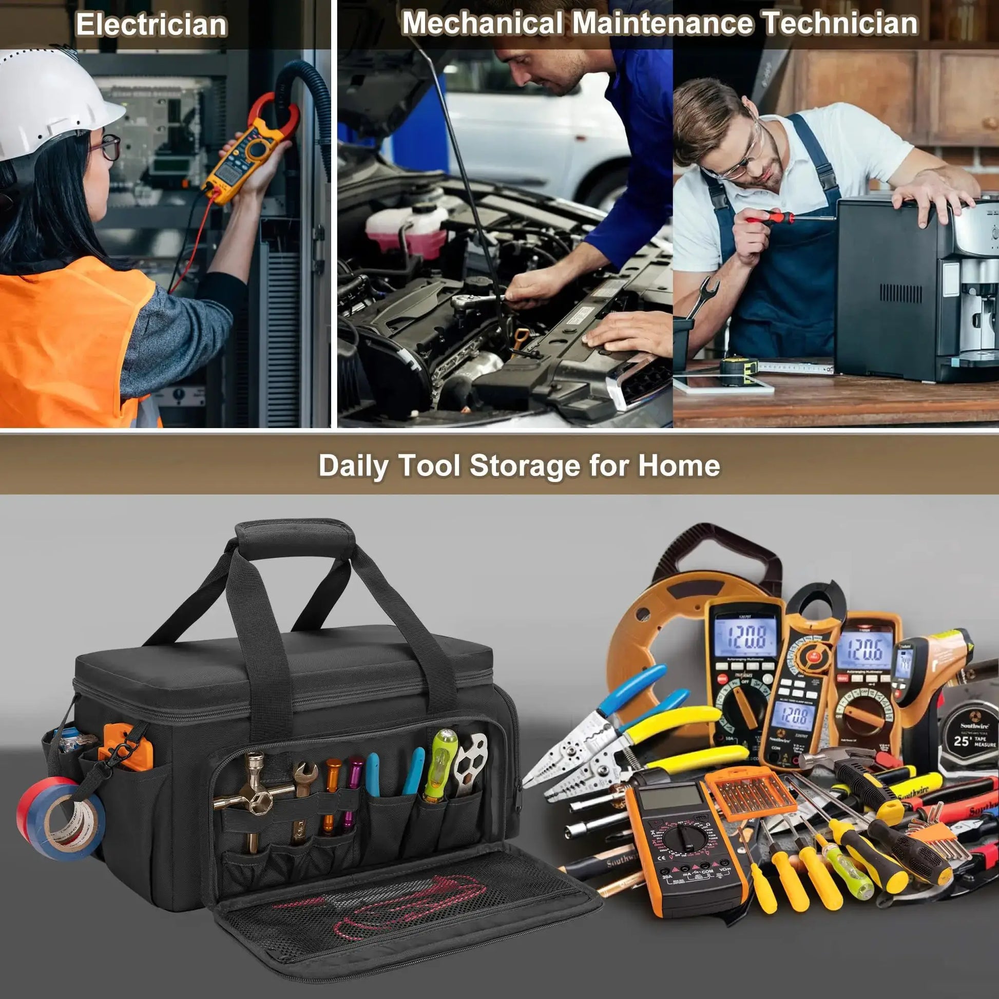 Upgraded toolkit bag with shoulder strap; black multi-pocket work tote with anti-friction bottom.