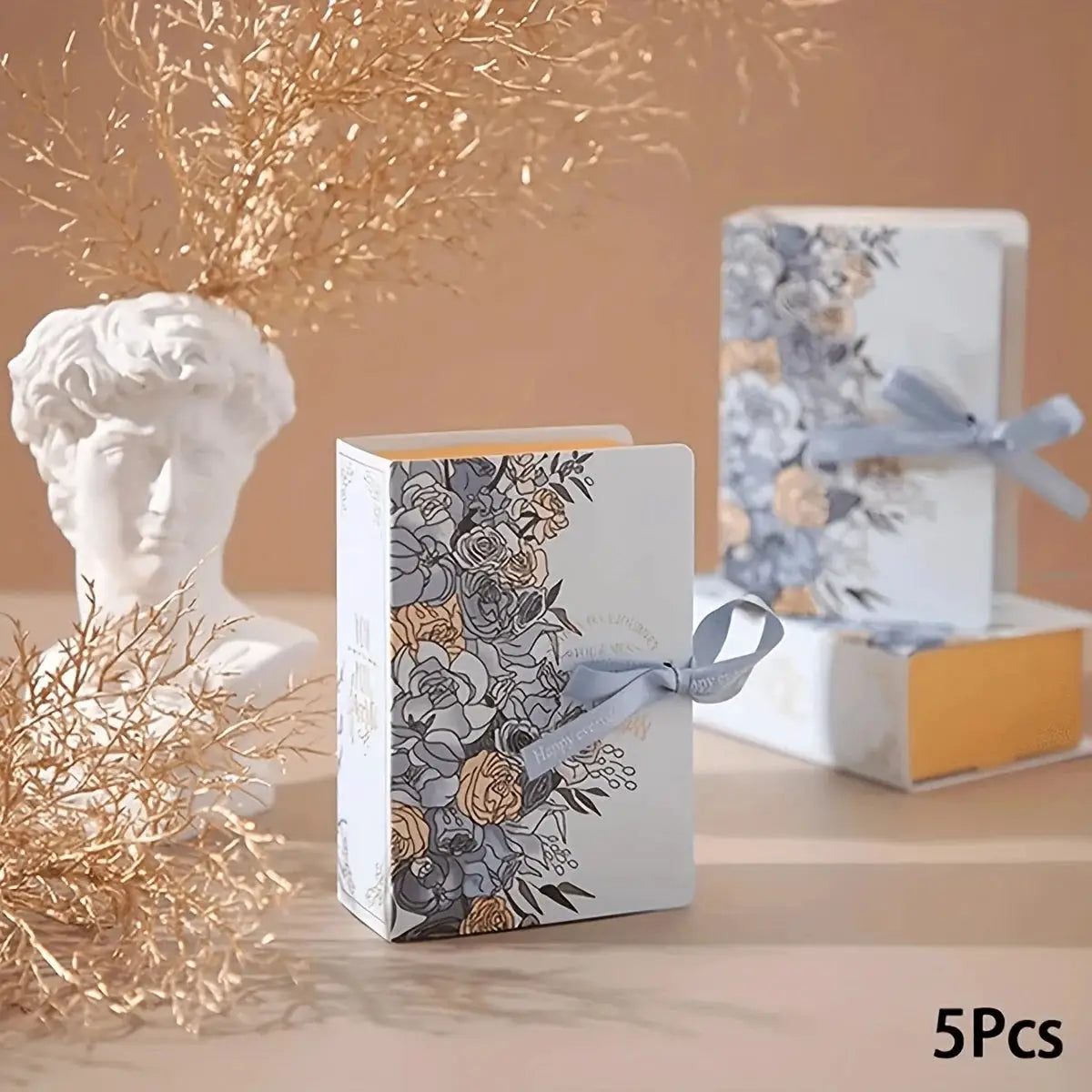 Simples Market 5-piece book-shaped gift boxes with floral print and pale blue ribbon, paperboard party packaging