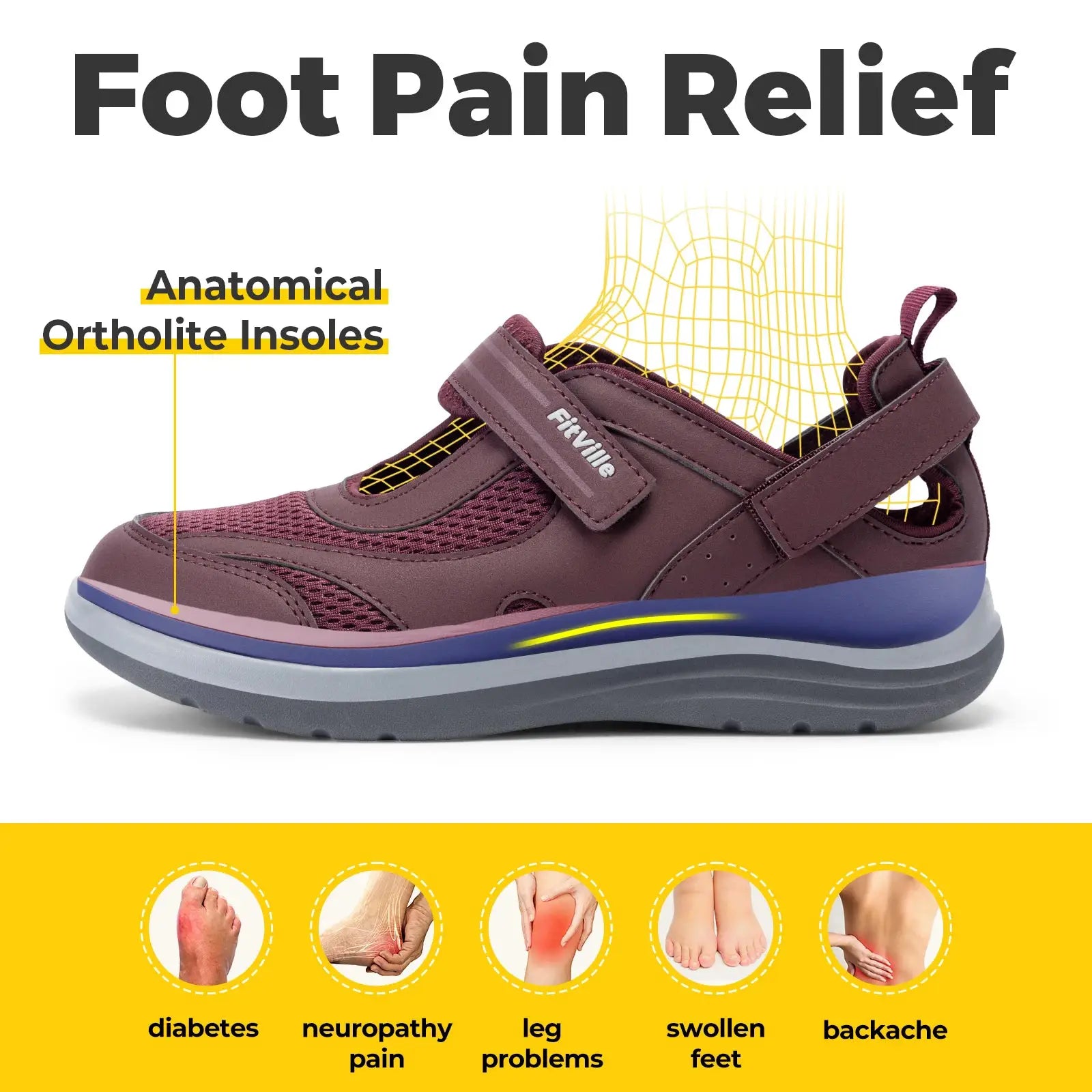 Simples Market Fitville women's Mary Jane sandals in purple with adjustable Velcro strap and widened toe.