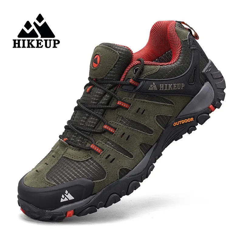 HIKEUP men's hiking shoes, olive green suede outdoor footwear with red lining and rugged outsole