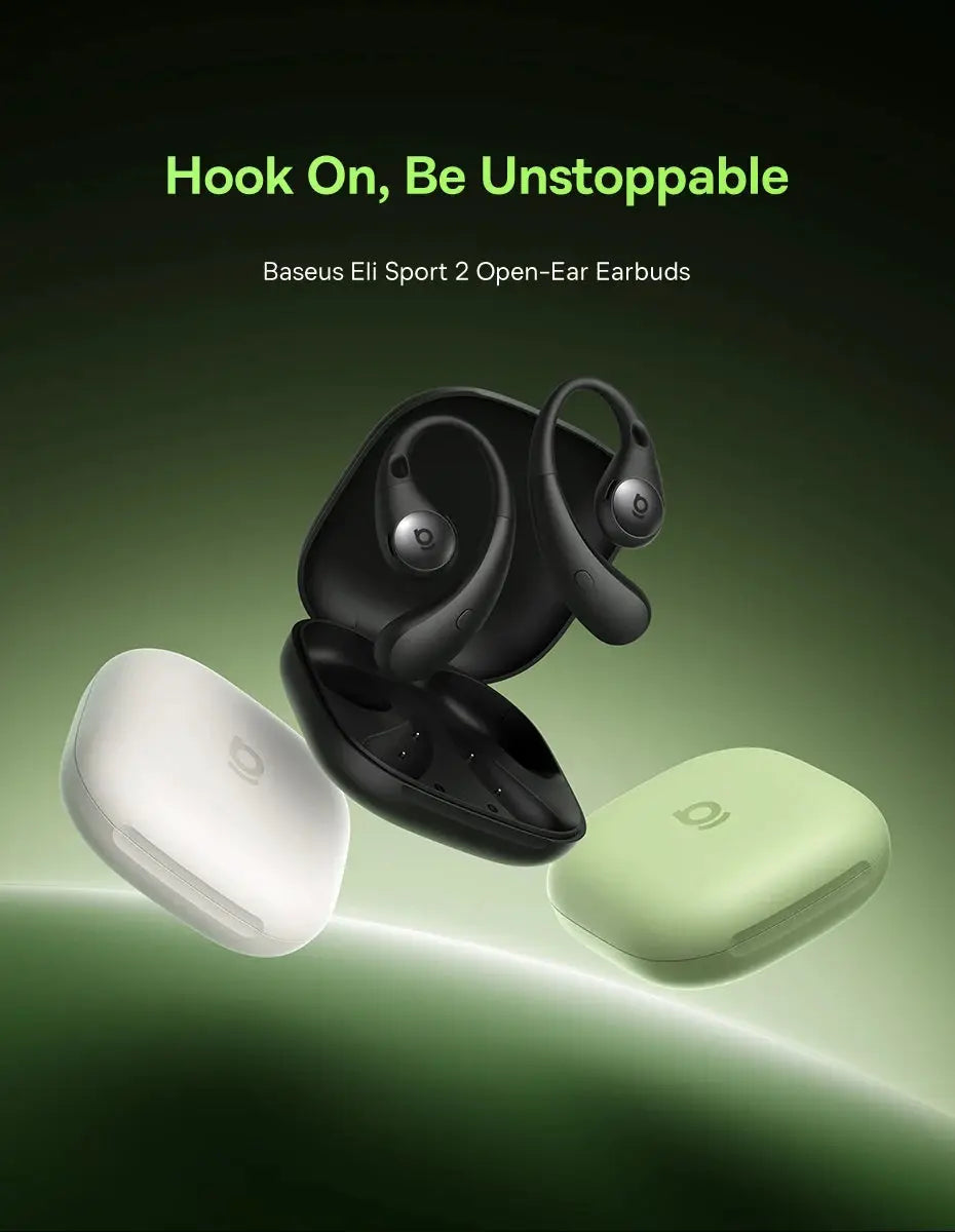 Baseus Eli Sport 2 Open-Ear wireless earbuds with earhooks; black buds shown with charging case and visible logo