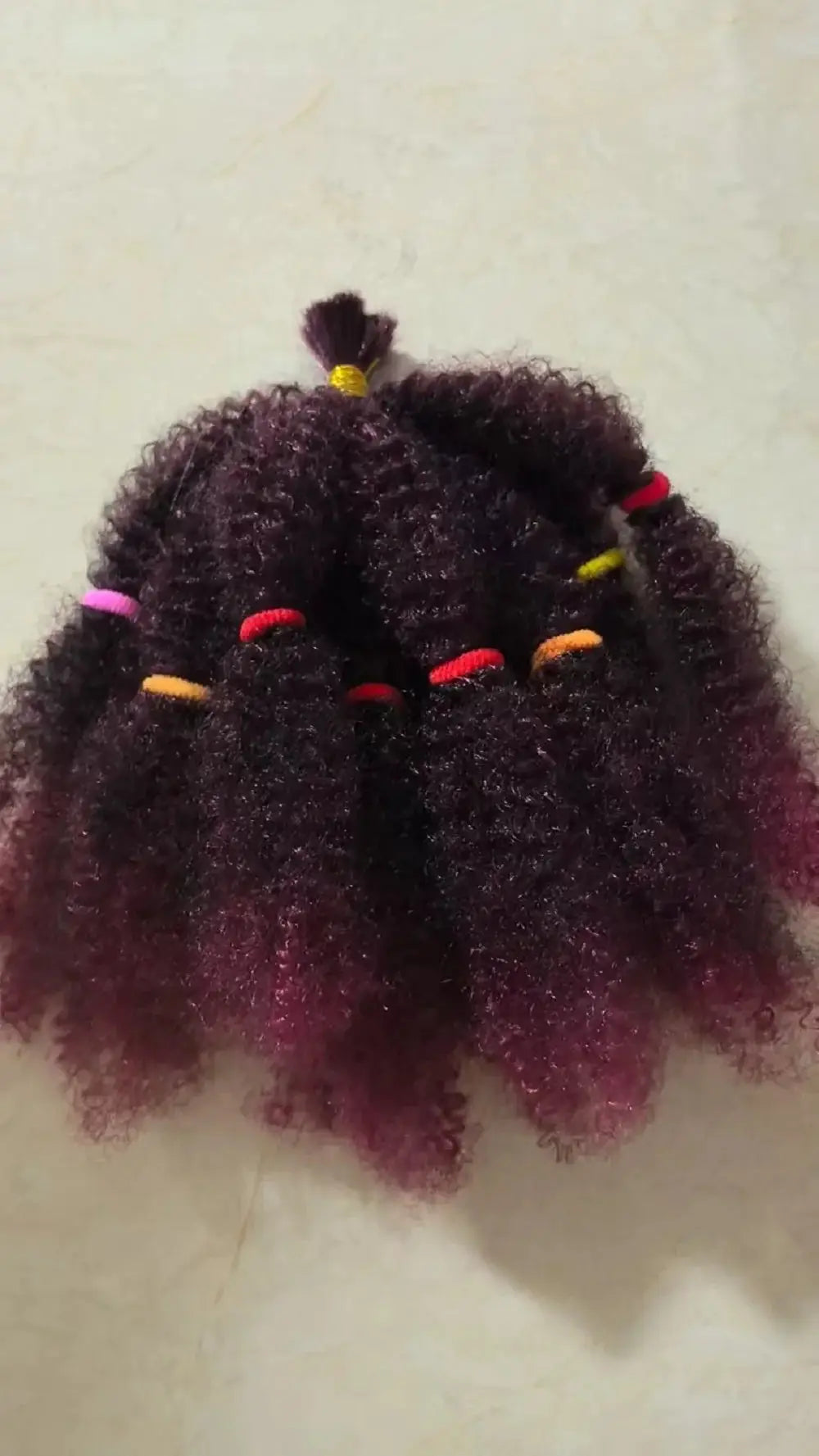 Afro Kinky Bulk Hair 12in 1 Pack (10 strands); synthetic afro twist braiding hair, dark purple with pink ends and colorful bands