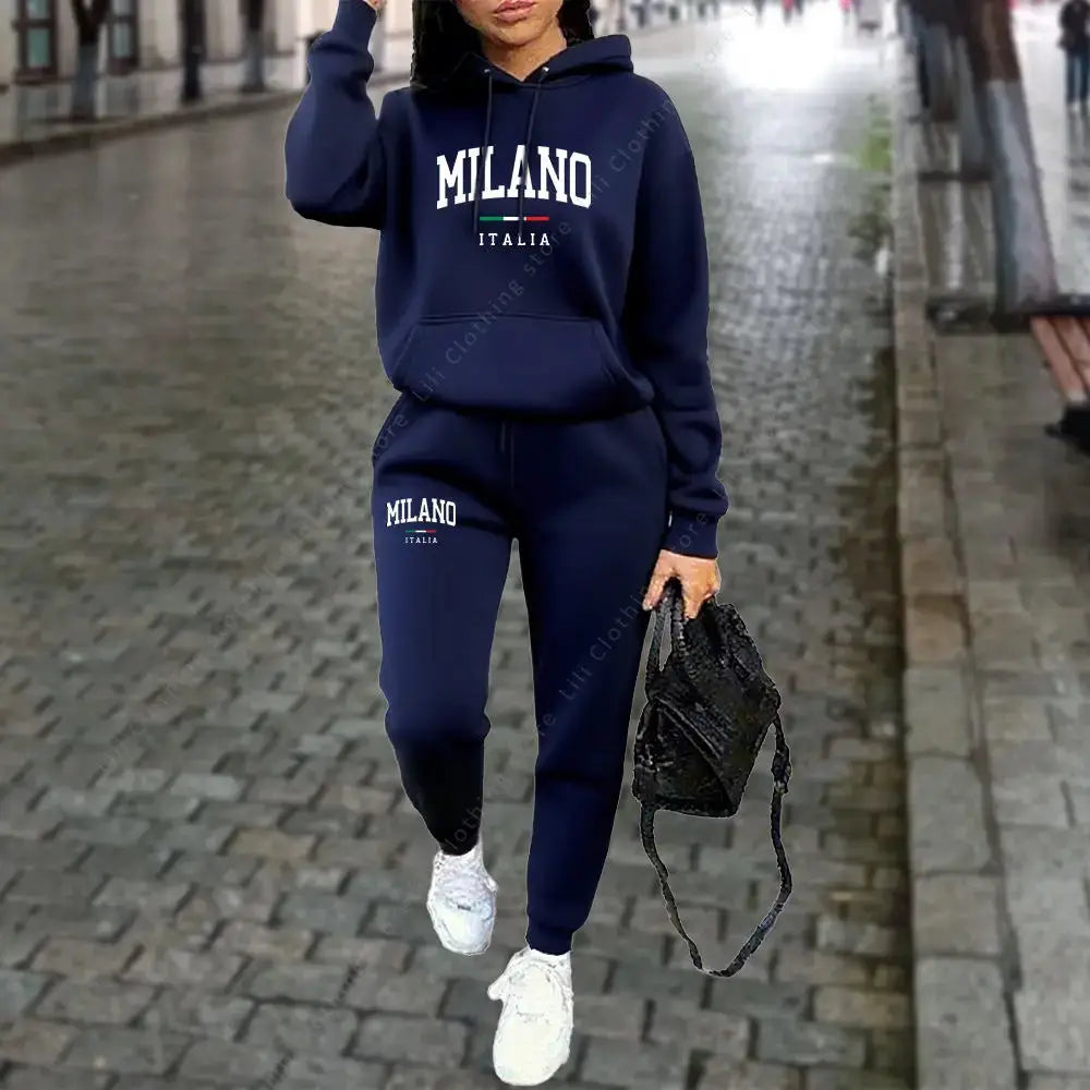 Autumn Winter 2pc Hoodie Pants Tracksuit Milano Letter Print Aesthetic