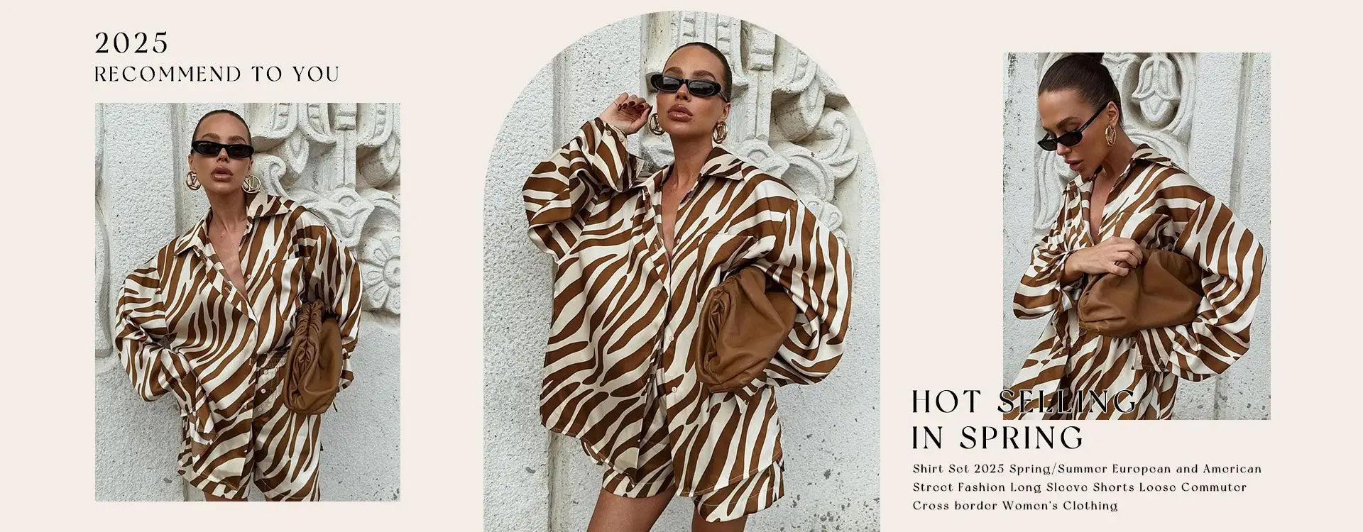 Simples Market zebra-print loose blouse with brown/cream stripes, long sleeves, worn with a brown bag
