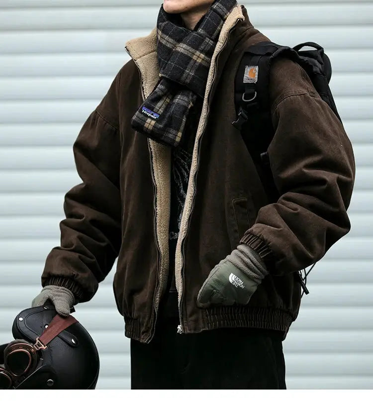 Men's brown vintage polar fleece jacket with shearling lining by Simples Market