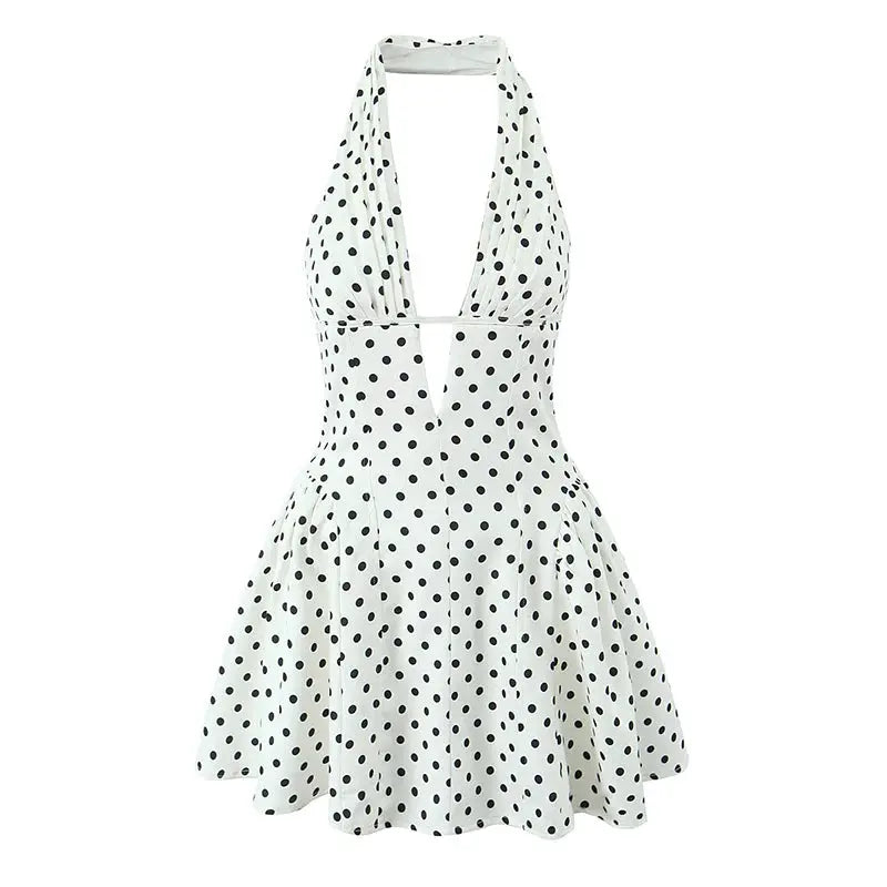 Yenkye French Style Retro Polka Dot Halter Dress Women Backless A Line
