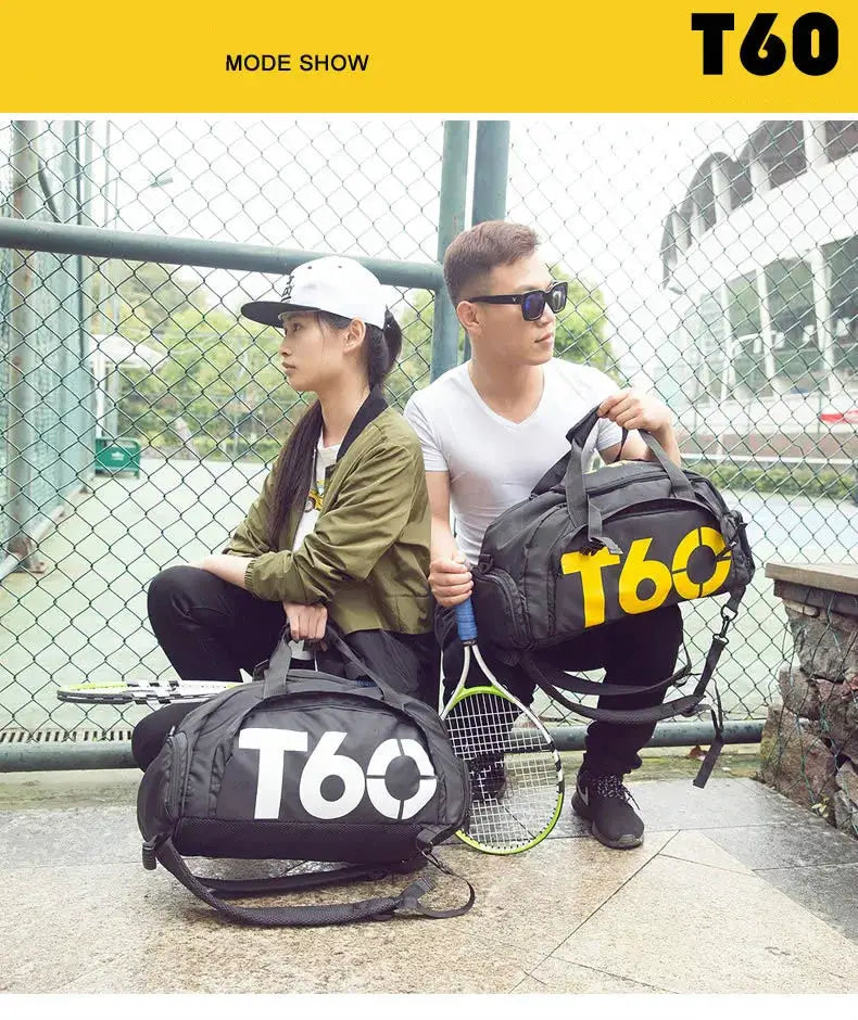 Two T60 gym bags, waterproof ultralight fitness duffels for men and women, travel-ready with shoulder straps.