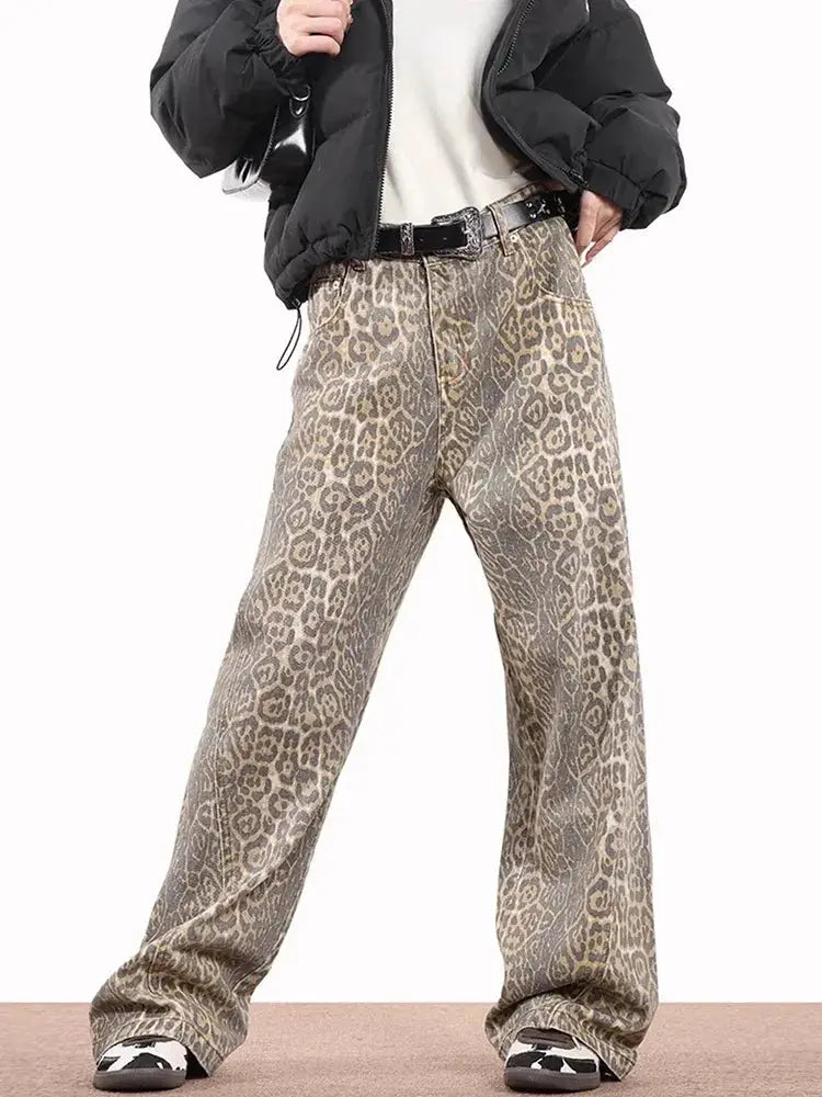 Baggy Wide Leg Jeans Women High Waisted Leopard Print Y2K Denim