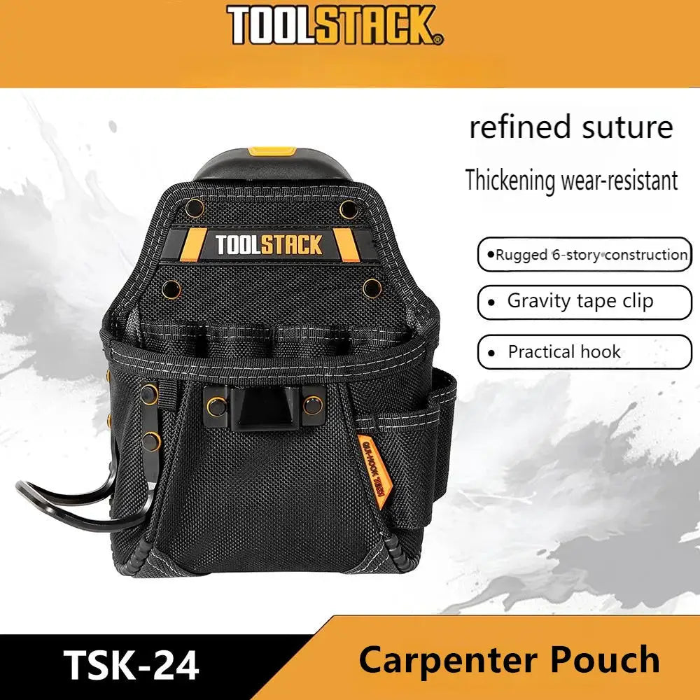 ToolSTACK Carpenter Pouch, black Oxford tool bag with orange accents, waist-worn mini utility pouch.
