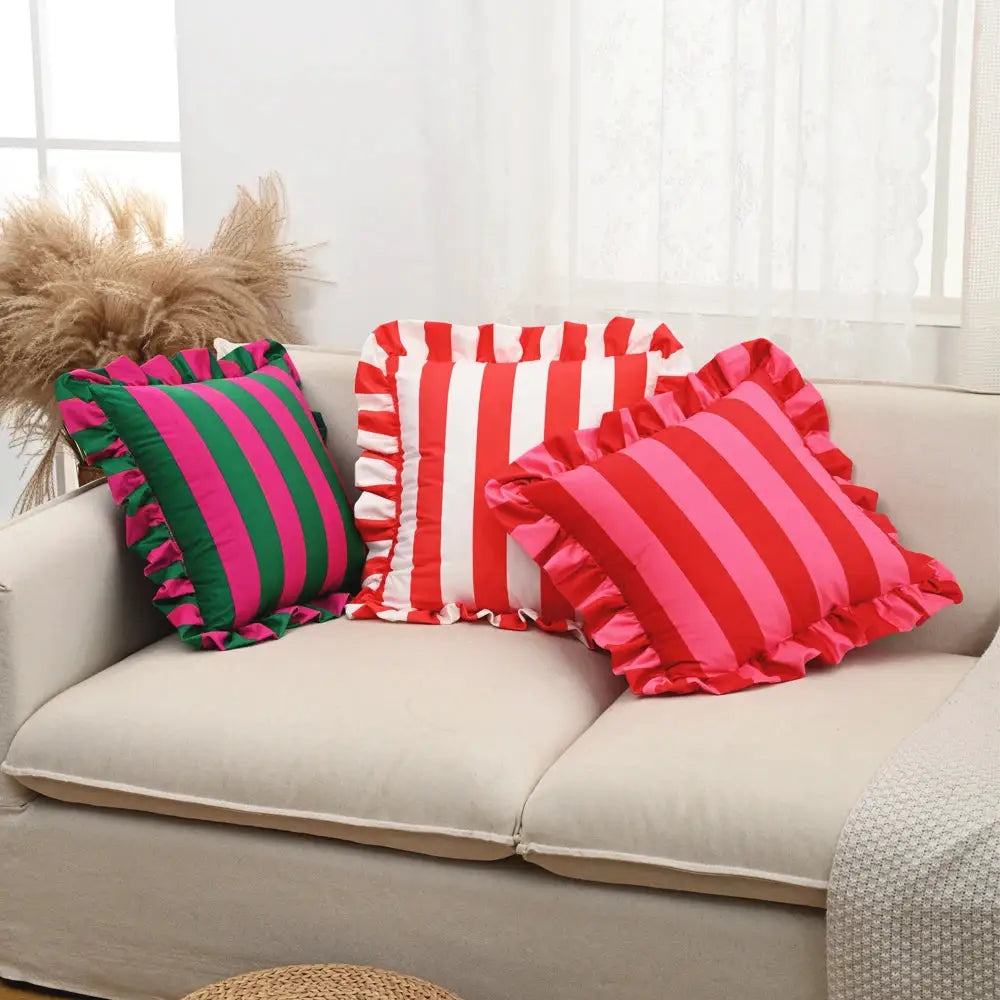 Striped lace velvet pillowcases set of 3, 18x18 inches, with ruffled edges.