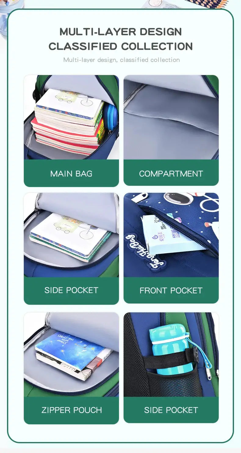 Simples Market boys' laptop backpack with multiple compartments and side water bottle pocket in blue-green waterproof fabric