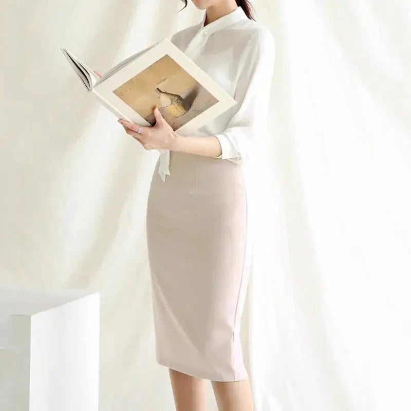 Pencil skirt beige solid color, high-waisted midi office wear for women by Simples Market