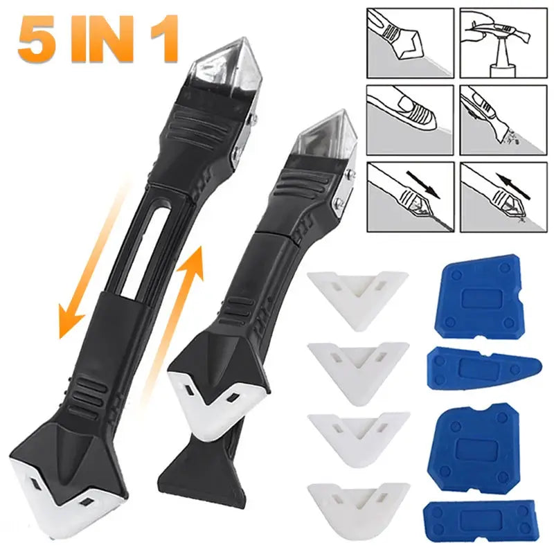 Simples Market 5-in-1 silicone scraper sealant remover tool set with dual-angle handles and blue covers.