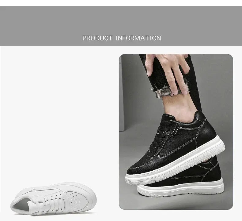 Men's elevator sneakers in black leather with white sole; two sneakers shown (on-foot black pair and white pair)