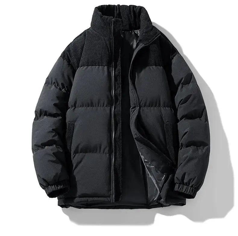 Men's color-block puffer jacket, black quilted with thick insulation for winter
