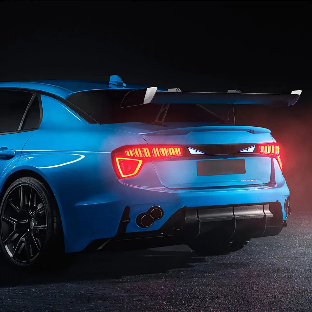 Universal Car LED Devil Eyes Lights on blue sports car rear with red taillights and large spoiler