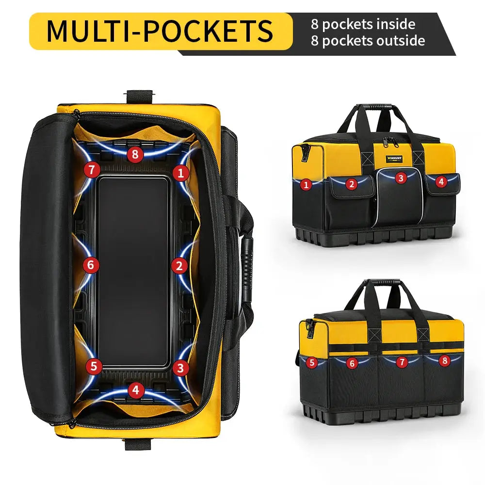 WINHUNT heavy-duty tool bag with wide mouth and molded bottom, yellow/black; adjustable strap and multiple pockets