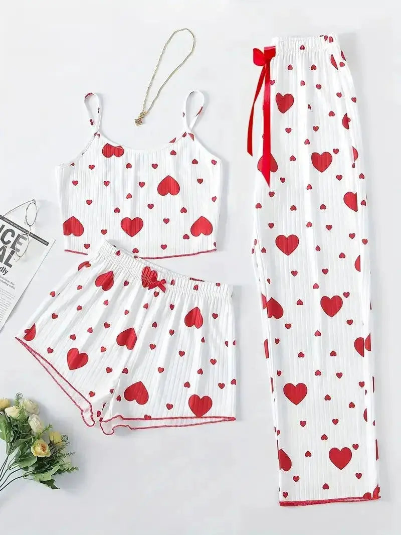 DreamWeave Heart Print Sleeveless Cami Vest And Long Pants Pajama Set Soft Stretch Knit For All Night Comfort