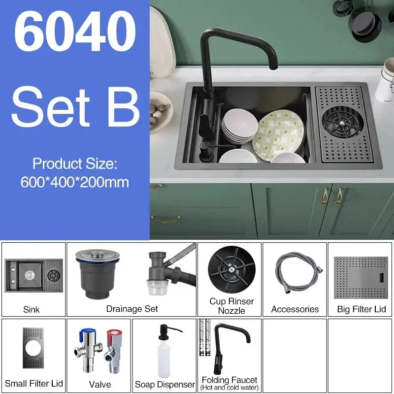 ASRAS Nano Black small single-bowl kitchen sink with lifting faucet; 9-piece set includes sink, lids, and rinse nozzle